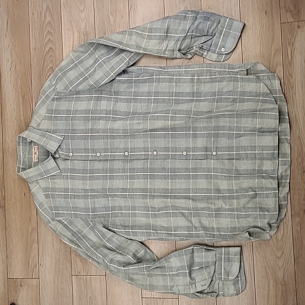 LUCIANO BARBERA Italy Blue Grey Plaid Weave Linen Cotton‎ Sz L Long Sleeve Shirt